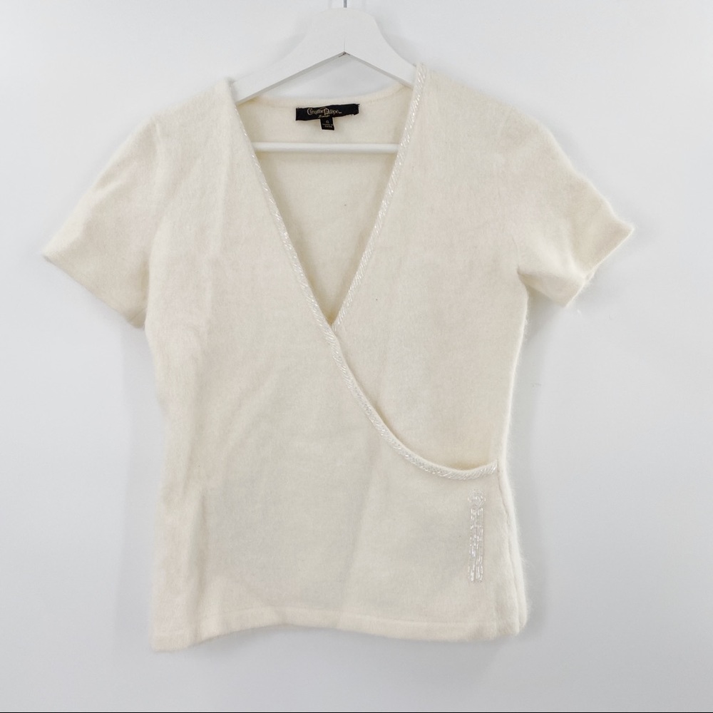 Christine Phillipe angora v neck short sleeve sweater with beads size S